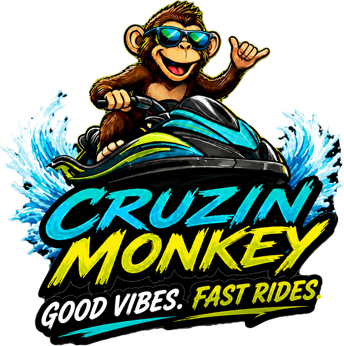 A cartoon monkey wearing sunglasses riding a jet ski on water, with spray and waves around. Text reads "Cruzin Monkey," "Good Vibes," and "Fast Rides."