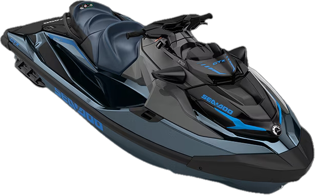 A Sea-Doo personal watercraft, black and gray with blue accents and branding, viewed from above and to the side.