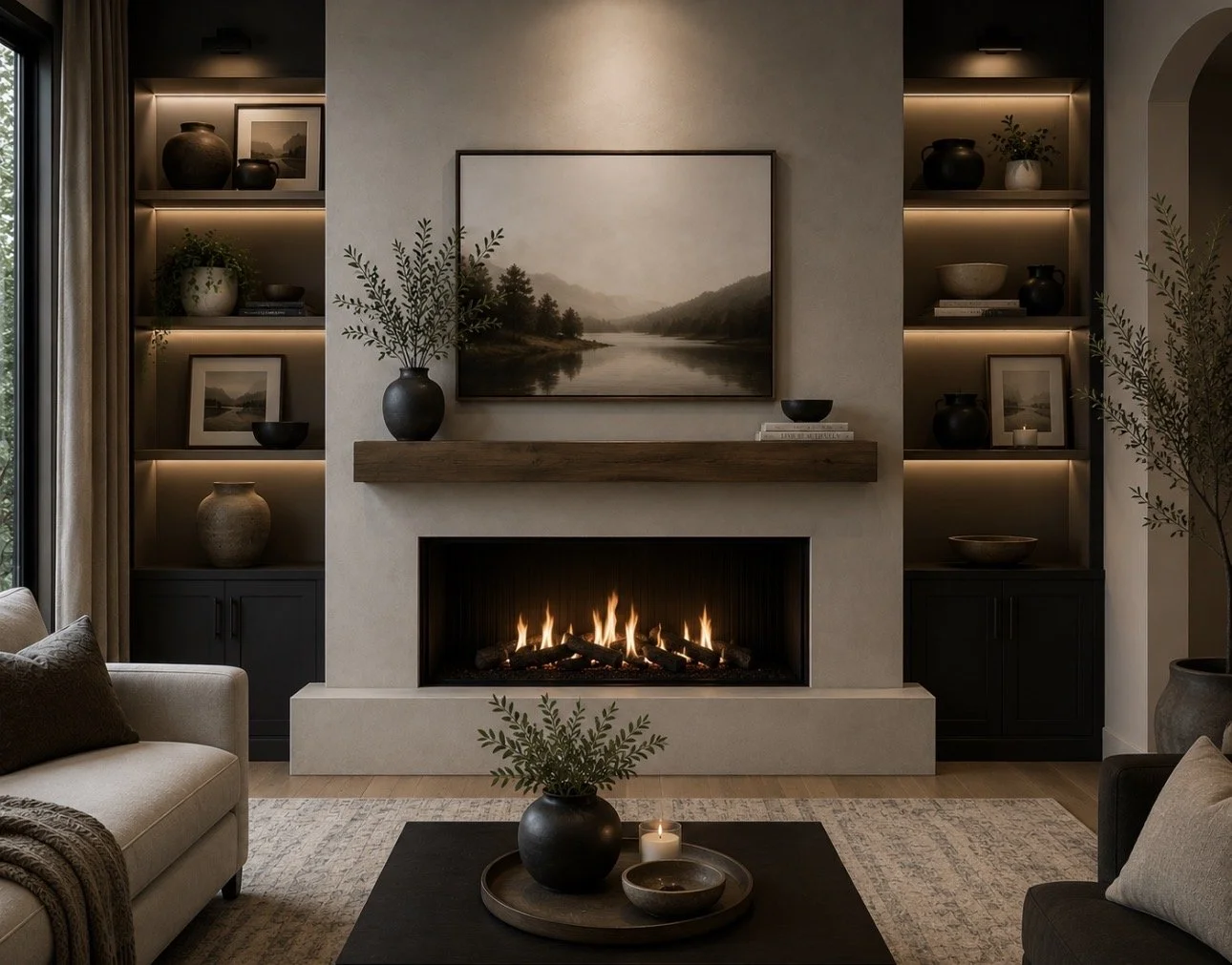 custom living room remodel in Mesa, Arizona, featuring a modern fireplace, built-in shelving, decorative accents, framed photos, artwork, and a comfortable sofa.