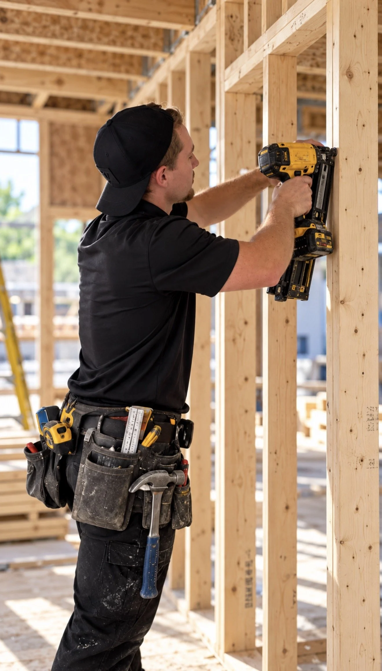 Morgan DuPuis framing a residential project in Mesa, Arizona, using a cordless drill and tool belt on a wood-framed structure.