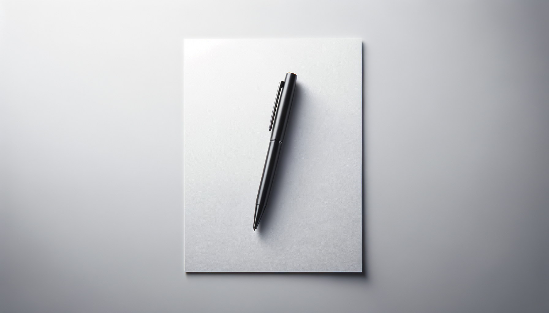 Black pen placed on white sheet of paper on grey surface.
