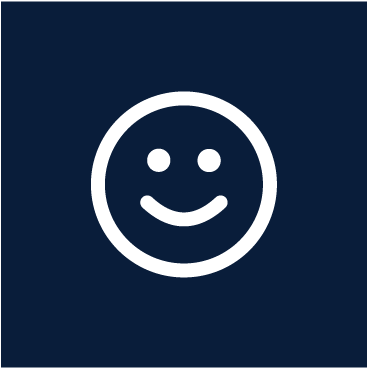 White smiling face icon on a dark blue background.