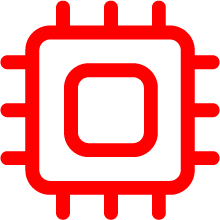 A red microchip icon with a square in the center and lines extending from its edges.