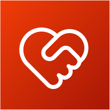 A white outline of a handshake shaped like a heart on an orange gradient background.