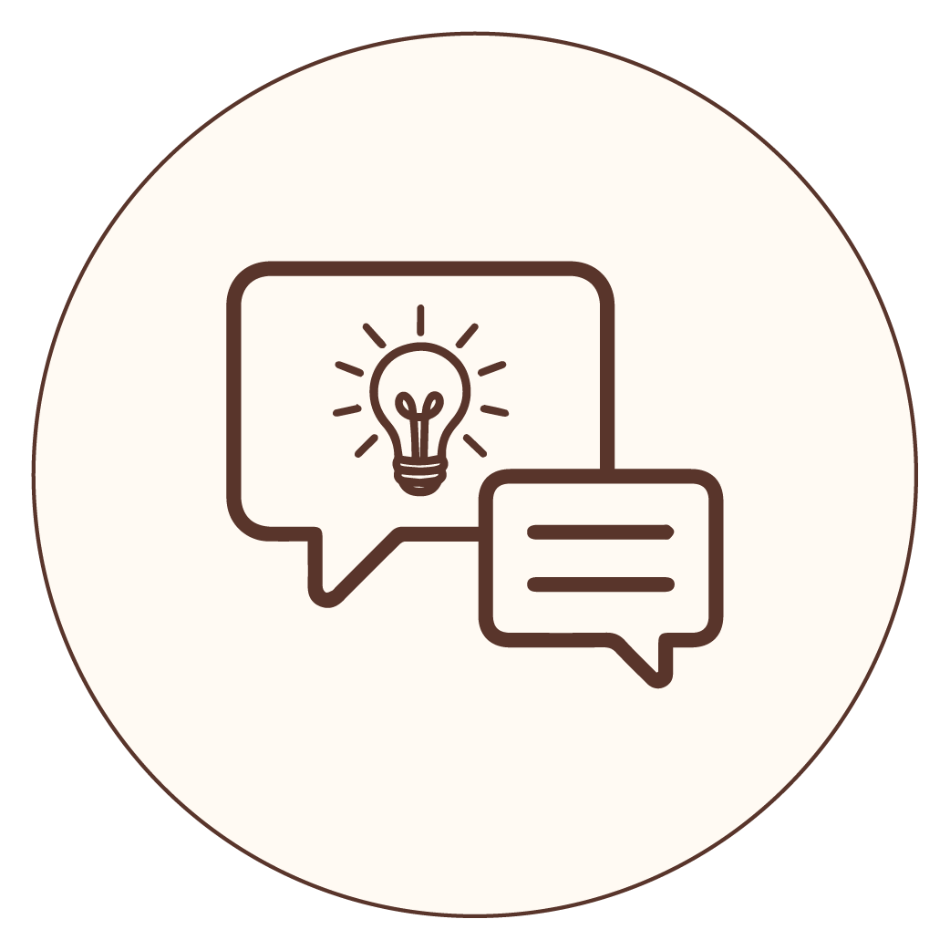 Speech bubbles with a light bulb and lines indicating ideas and conversation.