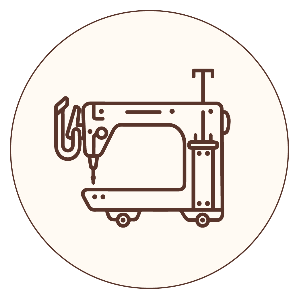 Line drawing of a sewing machine on a round beige background.
