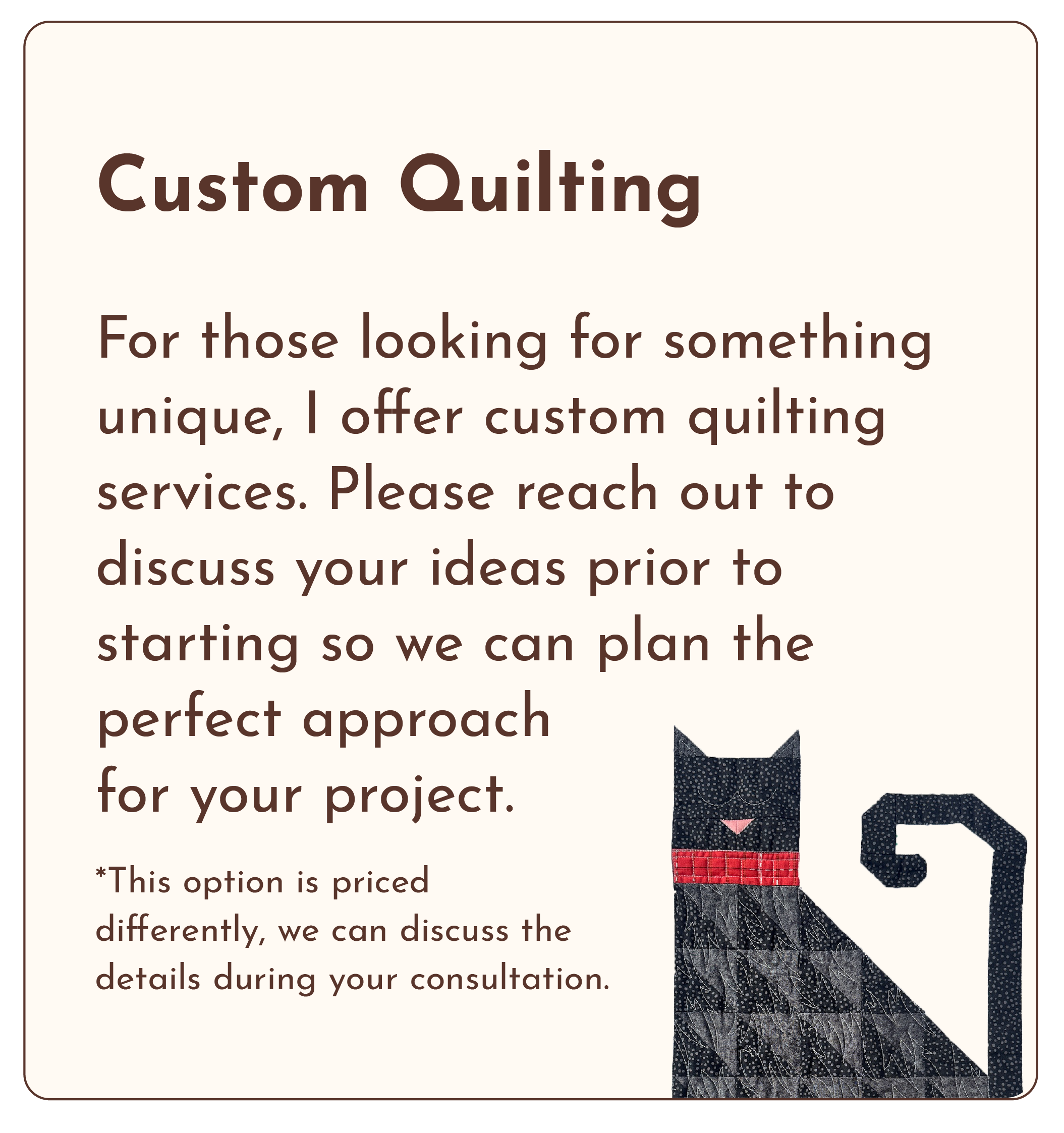 A beige background with dark brown text about custom quilting services. Partially visible, a person dressed in a quilted jacket with a patchwork pattern in dark colors.