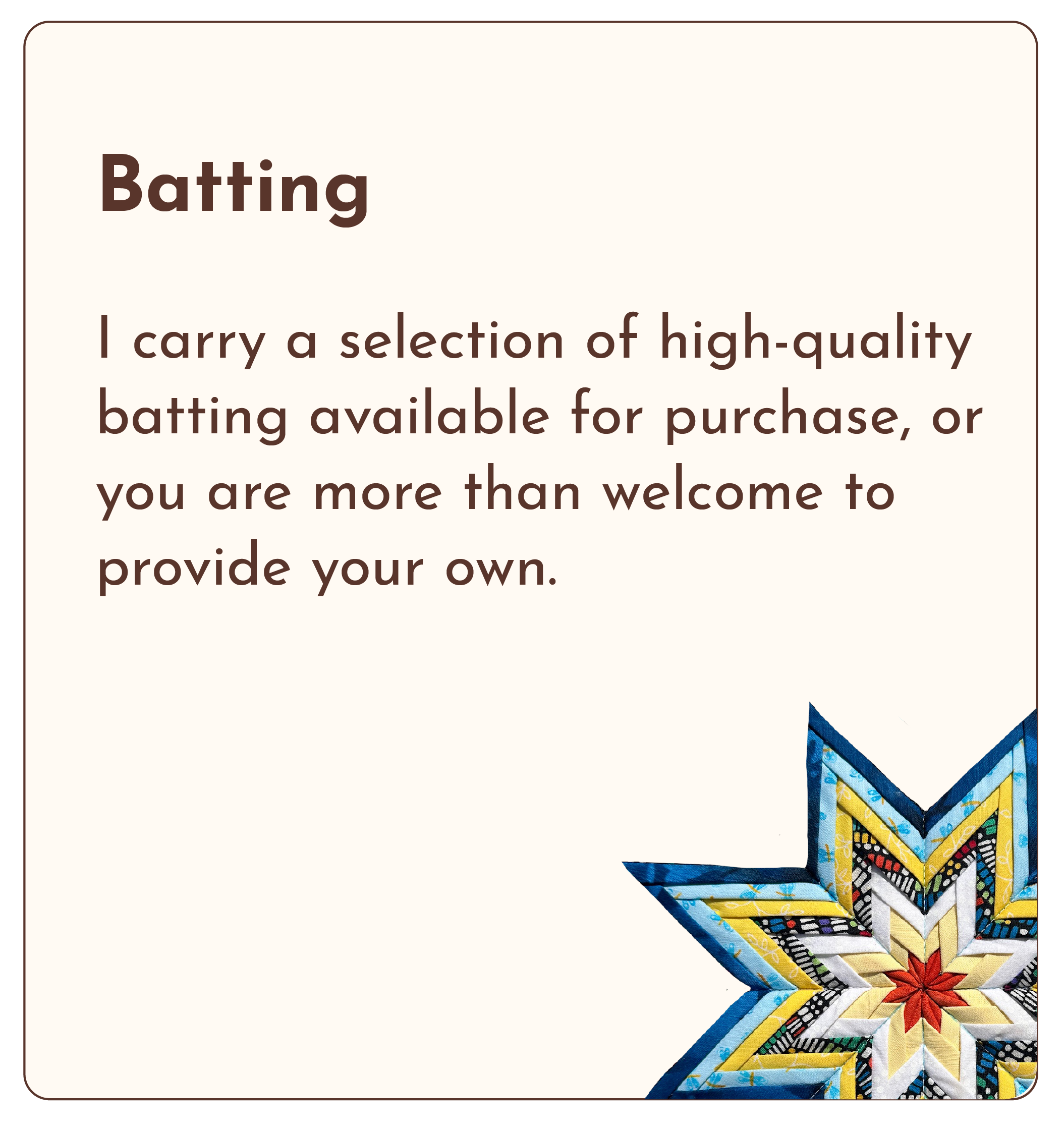 Close-up of fabric-wrapped paper origami in the shape of a star, with a section of a beige background featuring the word 'Batting' and a paragraph of text.