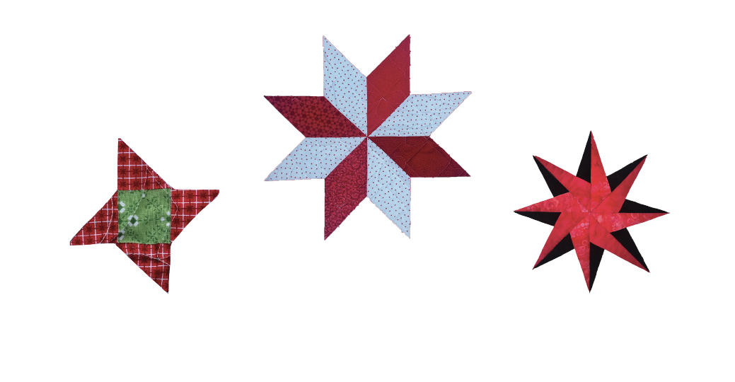 Three decorated quilted stars in red, white, and black on a dark background.