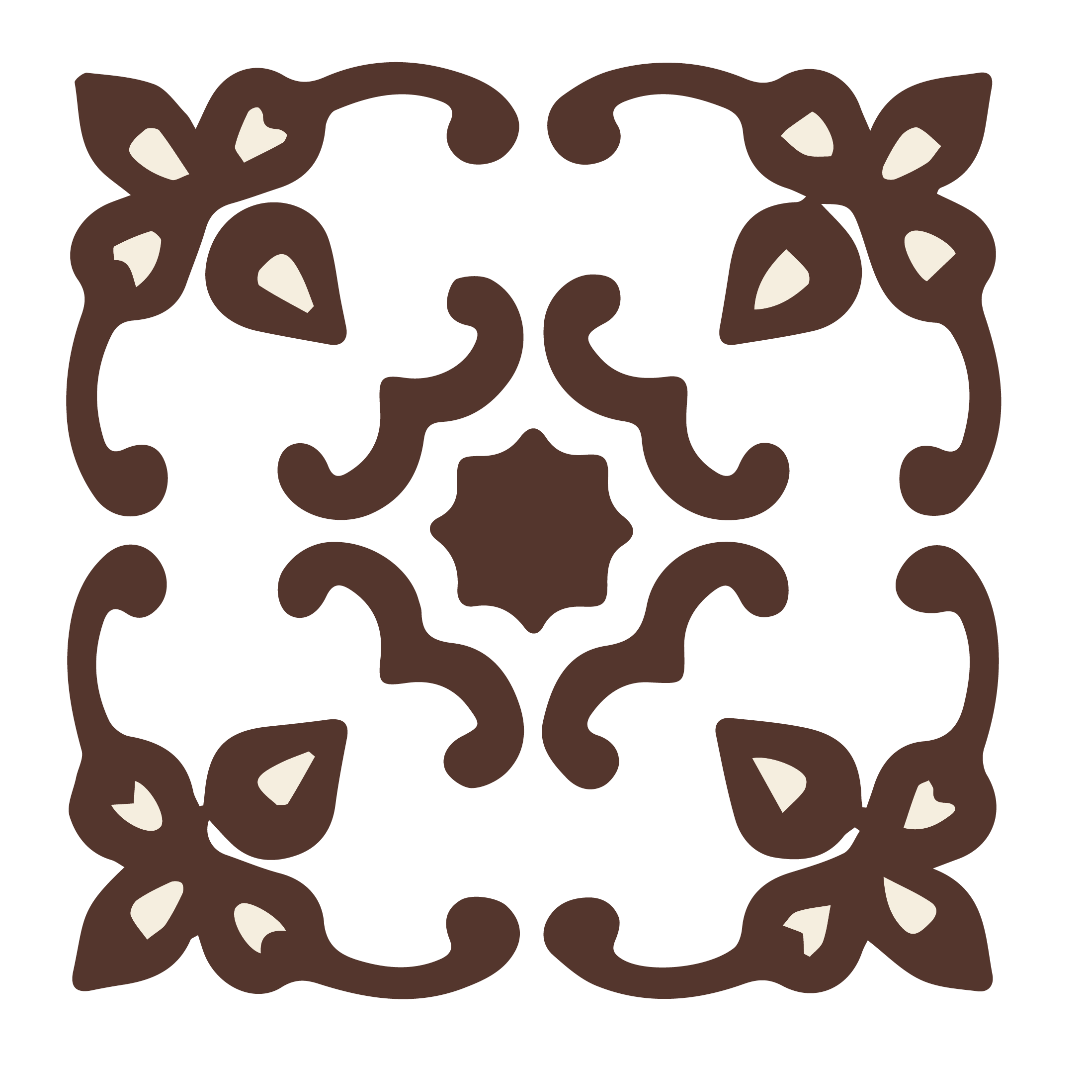 A decorative, symmetrical brown floral pattern with white petal-like accents.