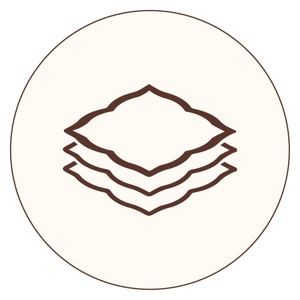 Illustration of four stacked square-shaped sheets or towels with wavy edges, outlined in dark brown on a light background.