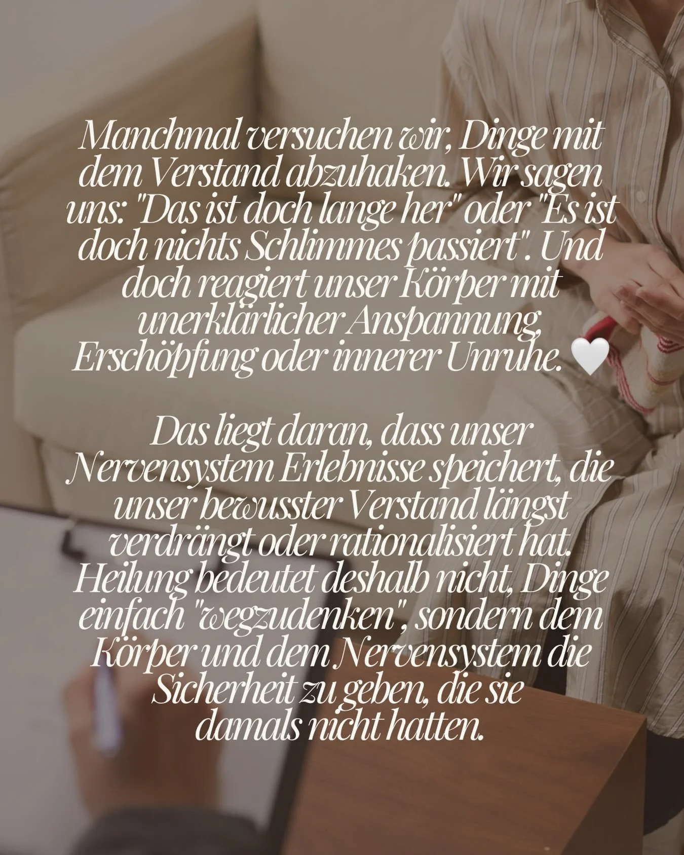 &bdquo;Der K&ouml;rper h&auml;lt die Erinnerung fest. Egal, wie sehr der Verstand versucht, zu vergessen &ndash; das Nervensystem vergisst nie.&ldquo;

#nervensystem #traumatherapie #tiefenpsychologie #selbstheilung #psychologie