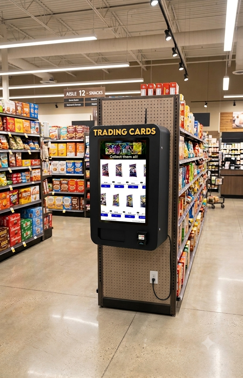 A vending machine labeled 'Trading Cards' in a grocery store aisle with snacks. The machine displays various trading cards for collection.
