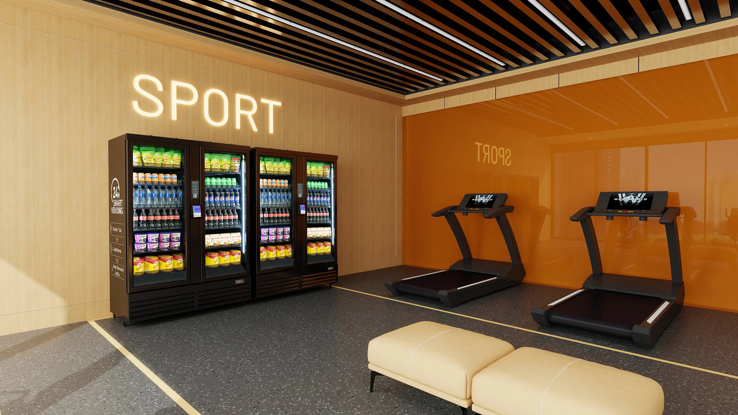 Indoor gym area with two treadmills facing a bright orange wall. To the left, a vending machine stocked with drinks and snacks. On the right, a cream-colored bench. The word 'SPORT' is illuminated on the wall.