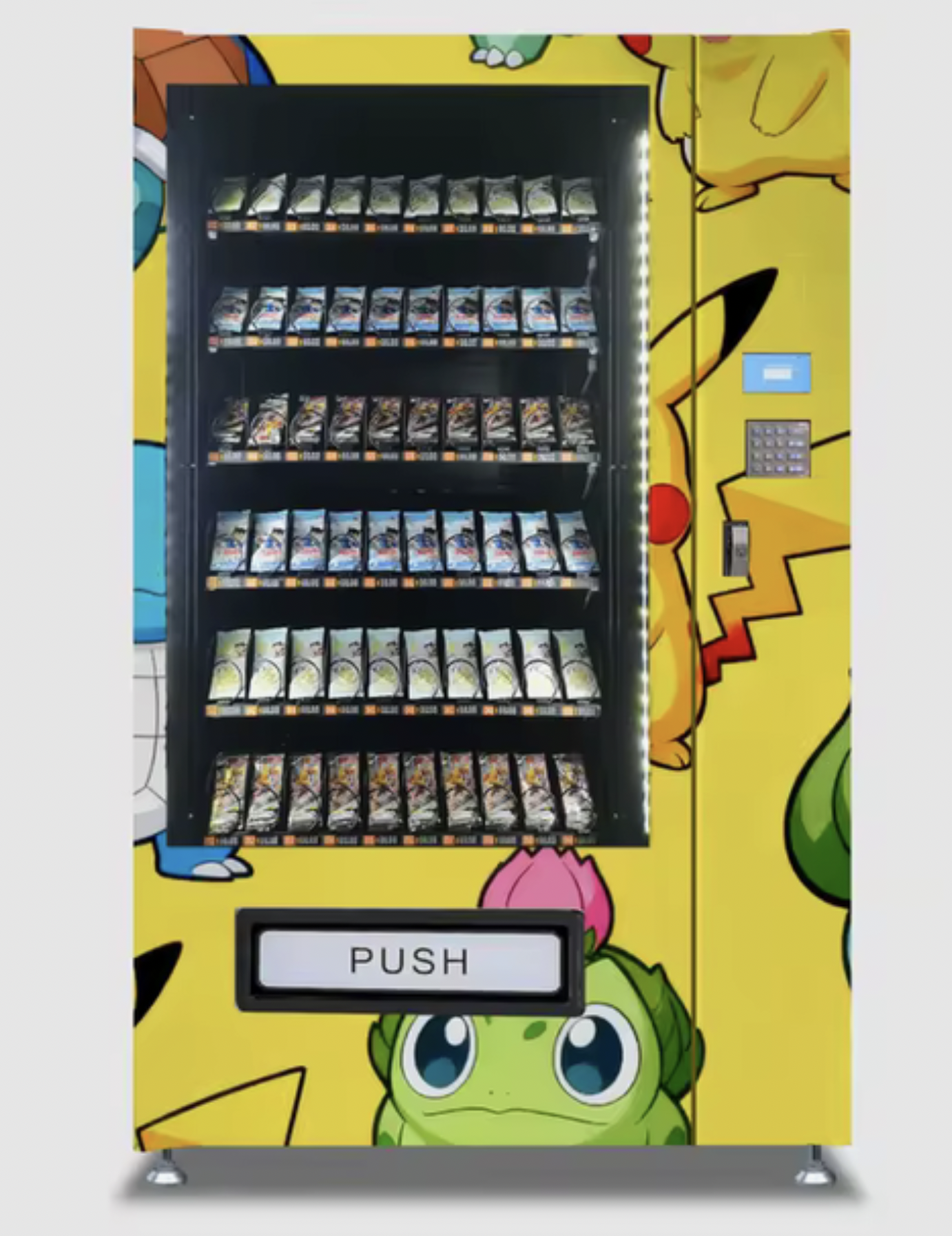 A trading card vending machine featuring Pokemon, Magic The Gathering, sports cards, One Piece, and other TCGs.