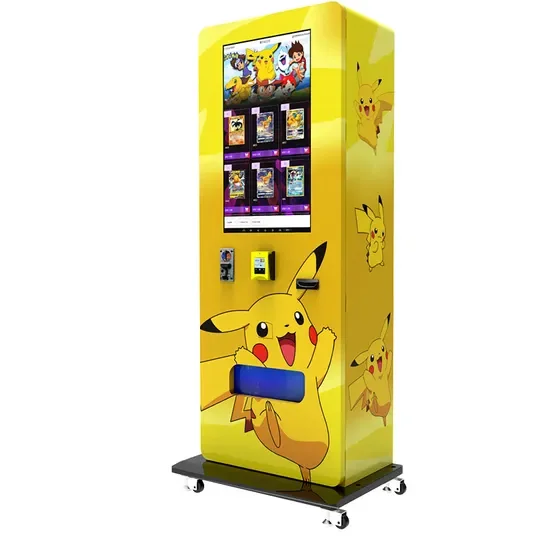 A Pokémon-themed vending machine with Pikachu artwork and available Pokémon and other TCG card packs.