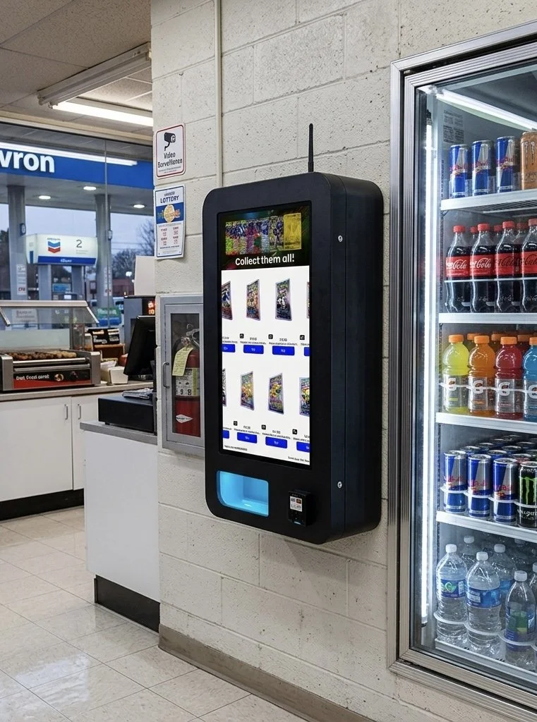 Self-service, wall mounted, Pokemon Trading vending kiosk inside a convenience store, with drinks visible in a refrigerated display case to the right. Location is In Tulsa Oklahoma.