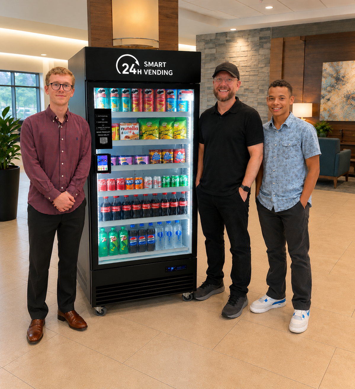 Three men standing next to a vending machine in a lobby or common area. The vending machine displays snacks and drinks, with a sign on top indicating it is a 24-hour smart vending machine.
