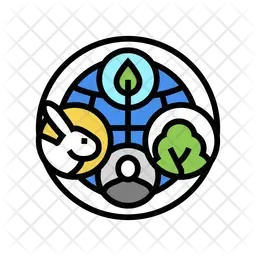 A circular graphic featuring a stylized earth with a green leaf at the top, a water droplet, a cloud, and a tree, symbolizing environmental themes.