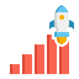A rocket launching upwards with a bar graph showing increasing values in the background.