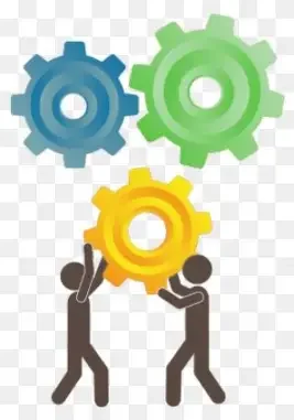 Three stylized human figures holding up interlocking gears in blue, green, and yellow.