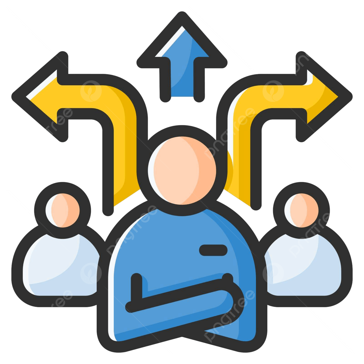 A graphic illustration of a person with arms crossed surrounded by two other figures, with three arrows pointing in different directions above them.