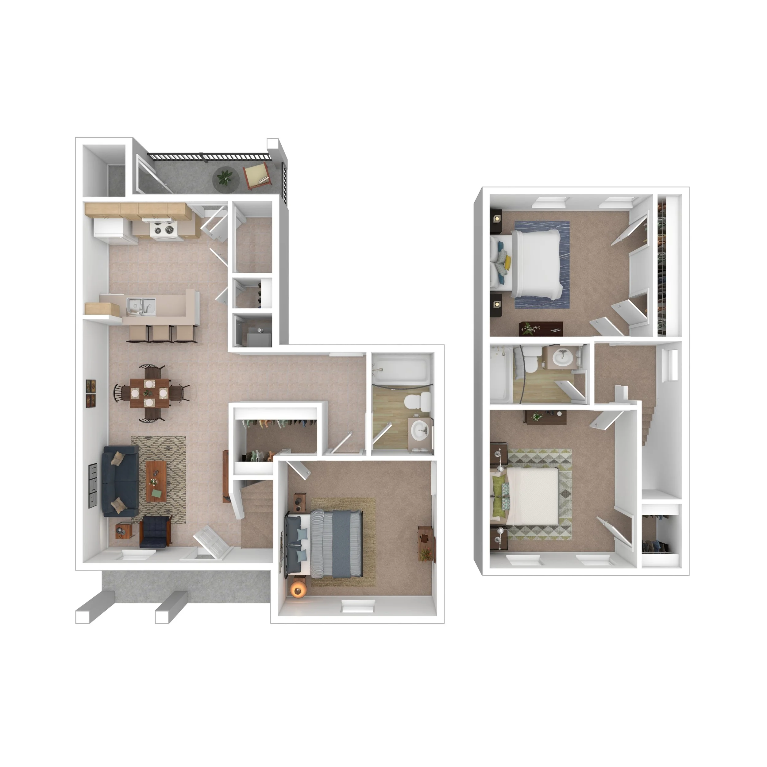 Floor plan of a residential apartment with multiple rooms including a living area, kitchen, bedrooms, bathrooms, and a balcony.