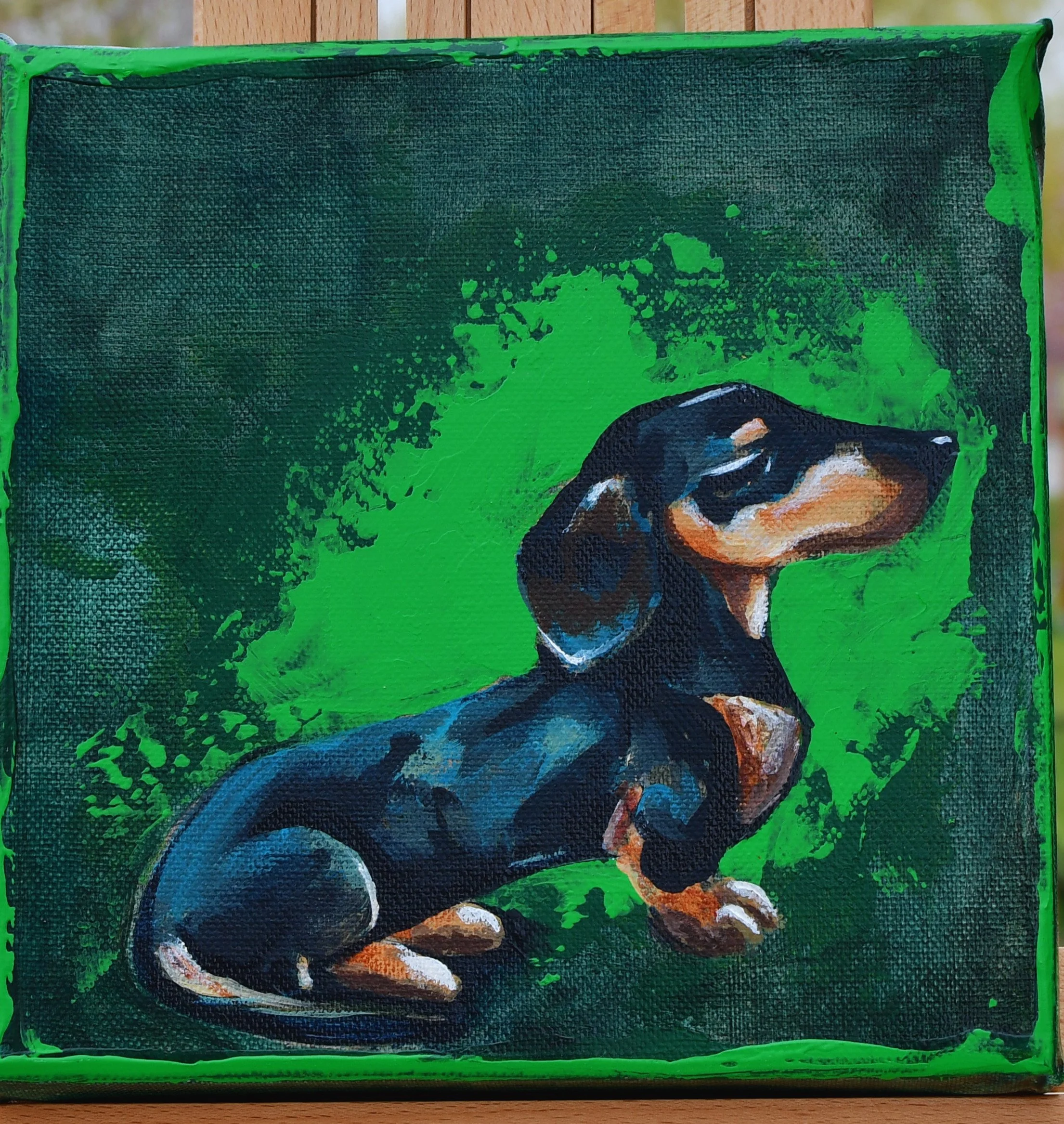 Dachshund from the WITHIN – The Pack series by August in Éire. An acrylic portrait exploring curiosity, courage, and individuality.