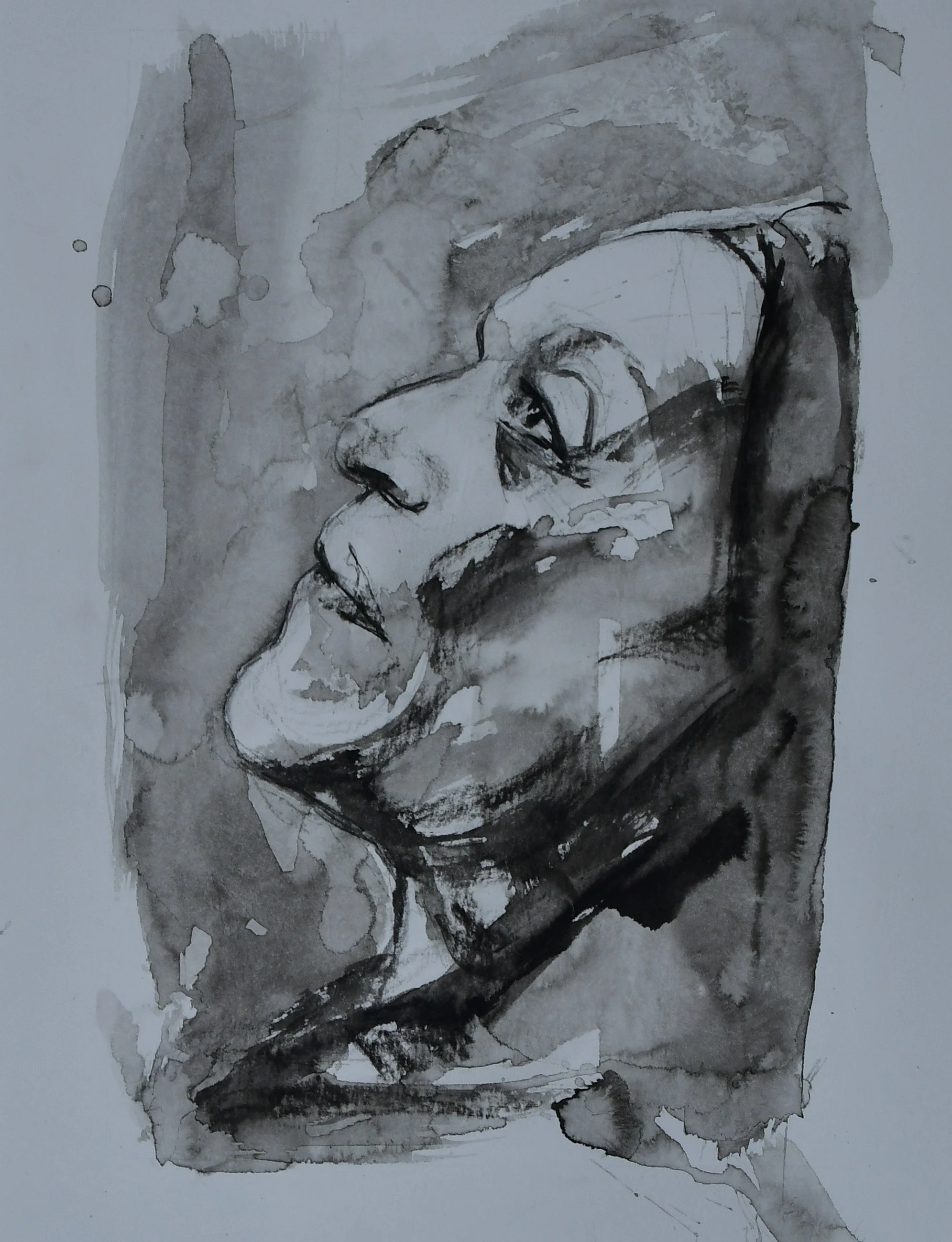 Mixed-media portrait study of a woman’s face, created with charcoal, ink and expressive abstract marks.