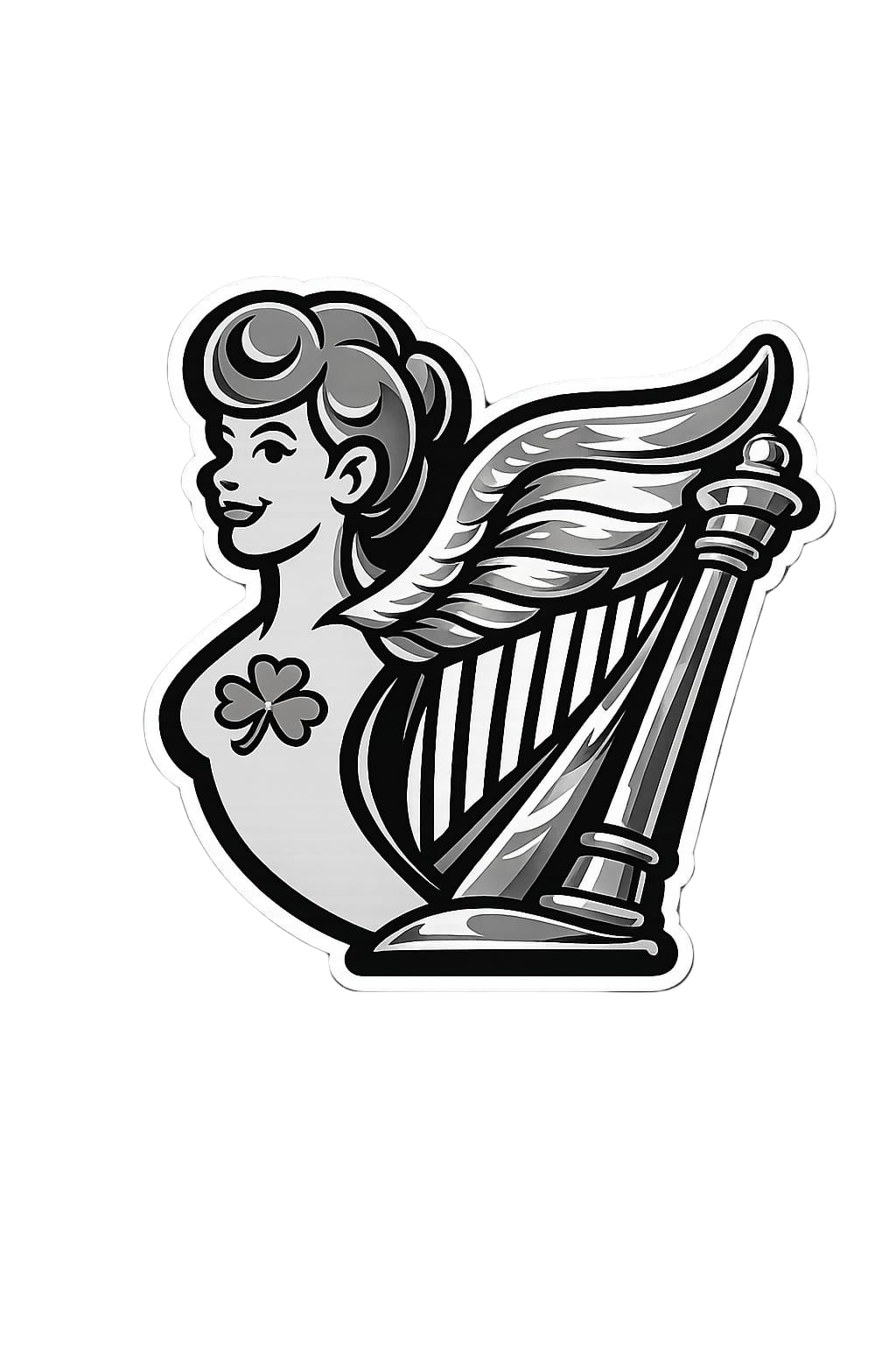 Schwarz-weiße Illustration eines Mädchens mit Locken, trägt ein vierblättriges Kleeblatt auf der Brust, hält eine große Harfe, im Stil eines Tattoos oder Logos.