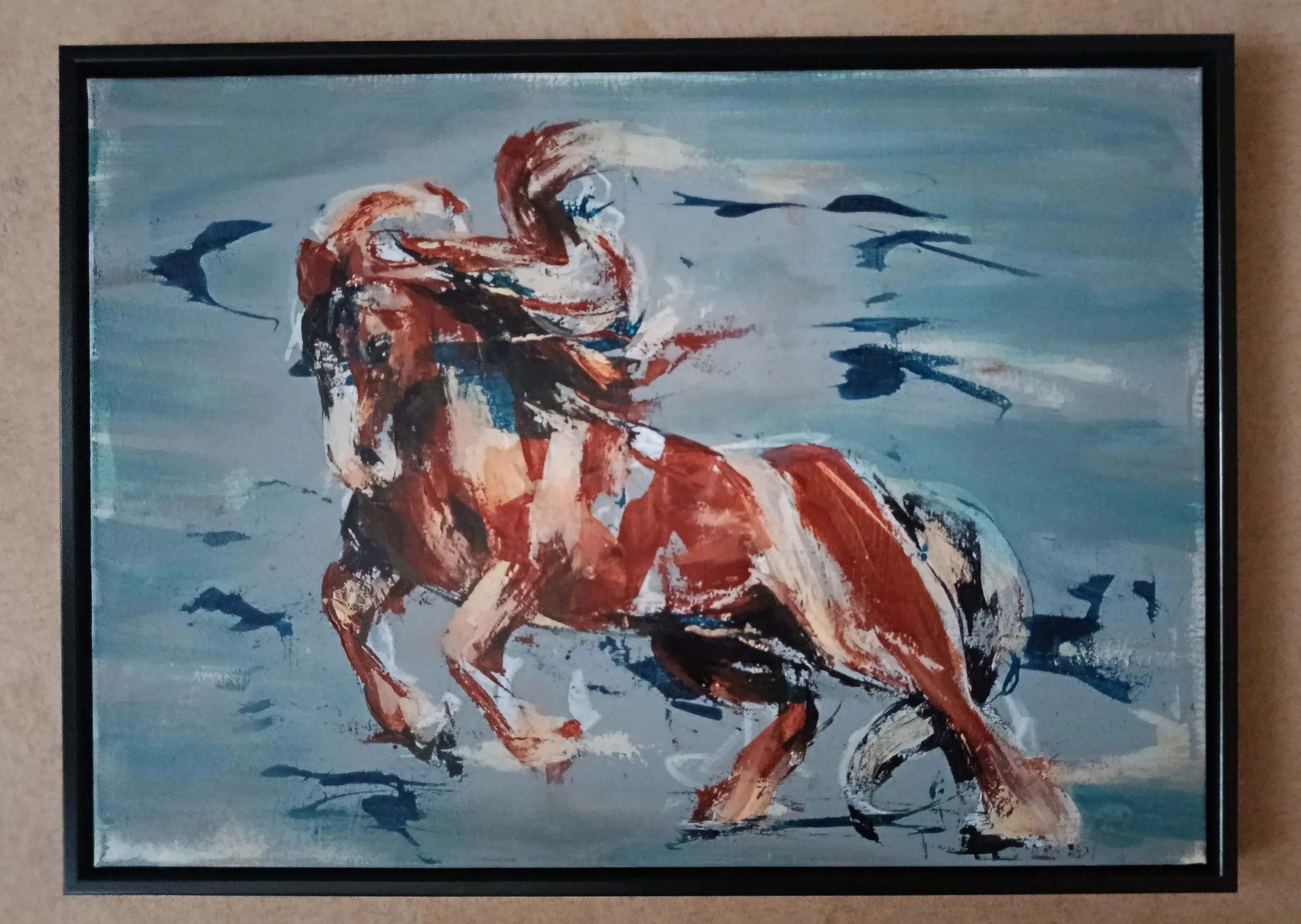 Original acrylic horse painting by August in Éire. Exploring myth, emotion, and movement through expressive lines and layered colour.