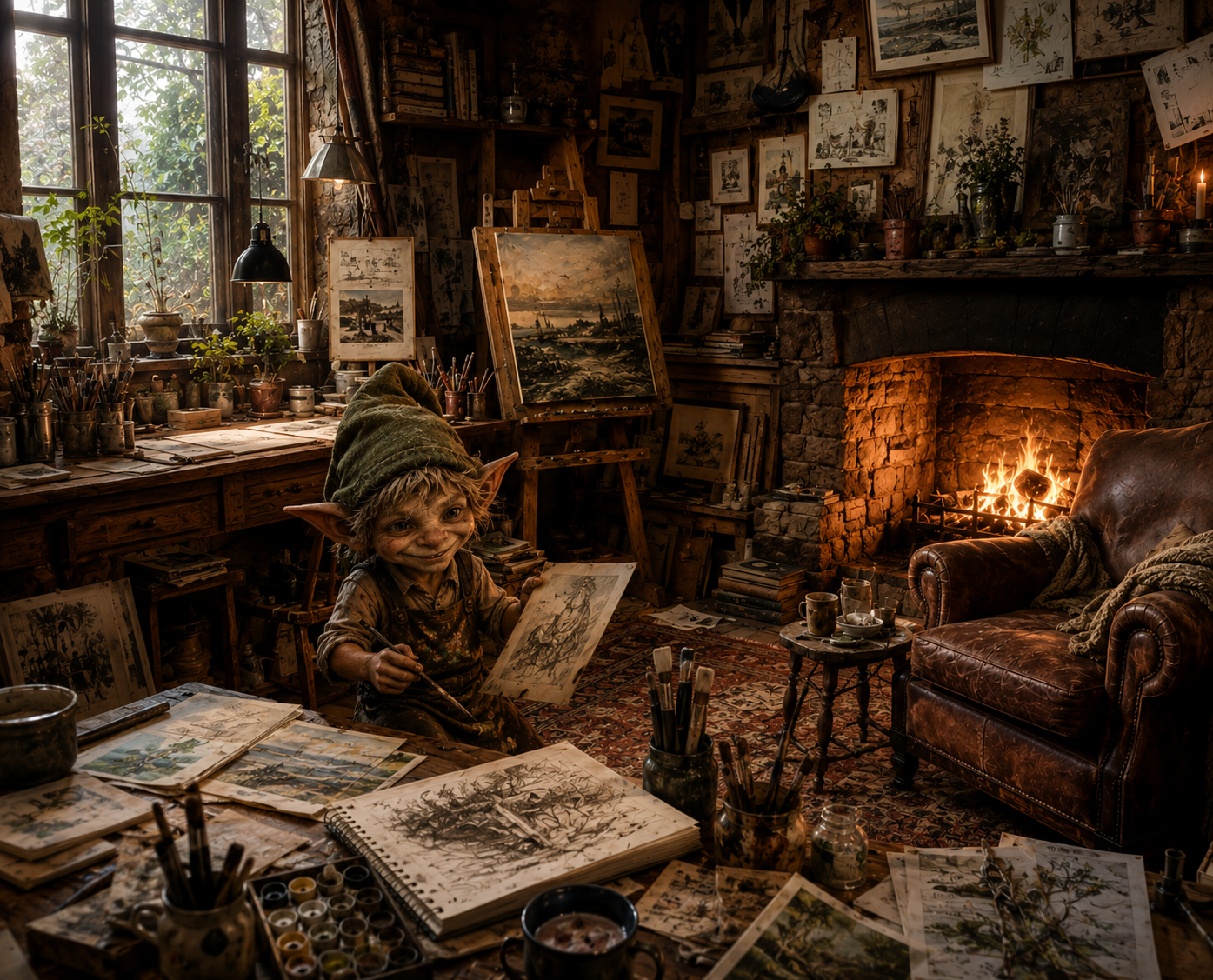 AI-generated illustration of my friendly studio goblin working beside a glowing fireplace, surrounded by art supplies, canvases and sketches.