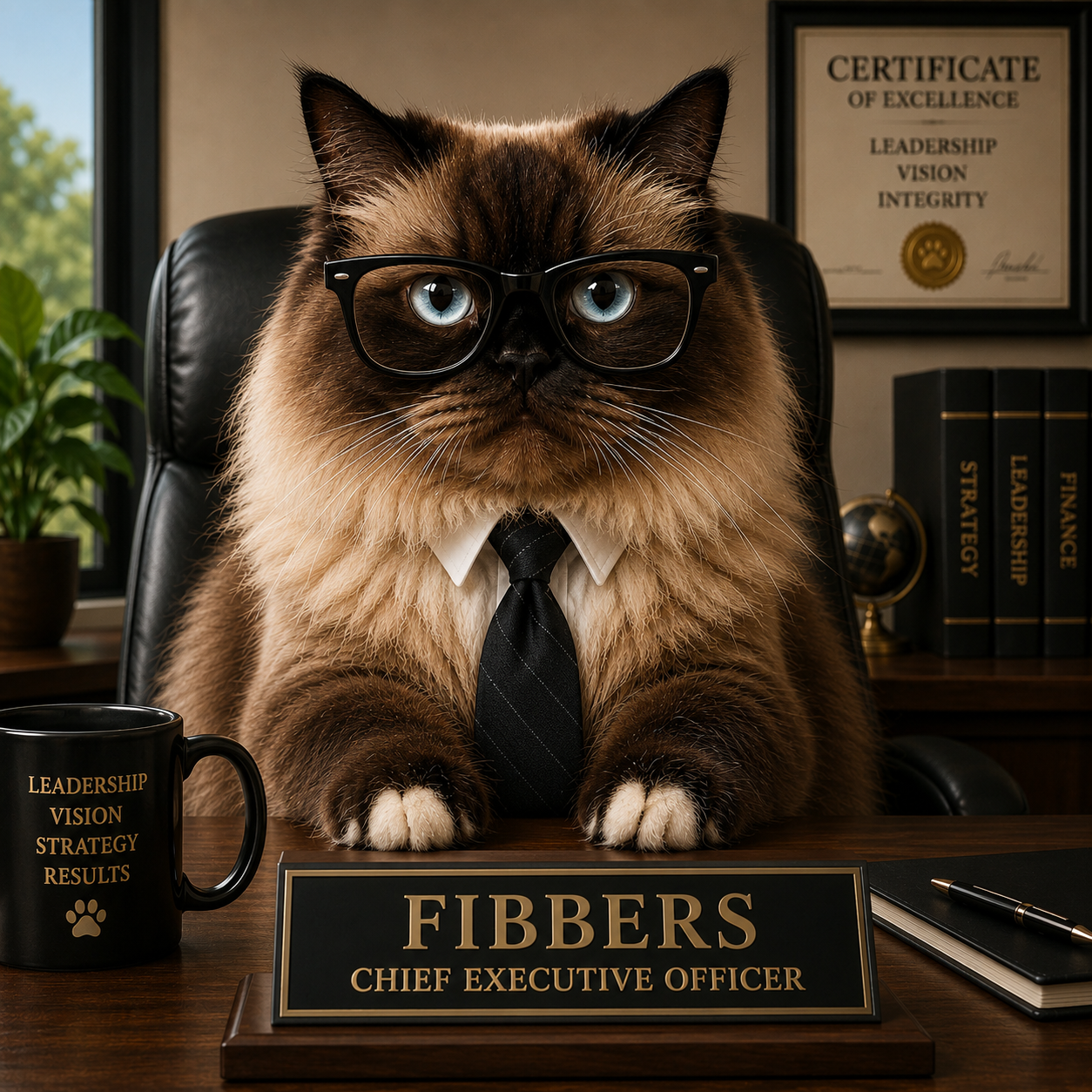 Cat character artwork featuring CEO Fibbers by August in Éire. Humorous pet-inspired art with charm, storytelling, and distinctive character design.
