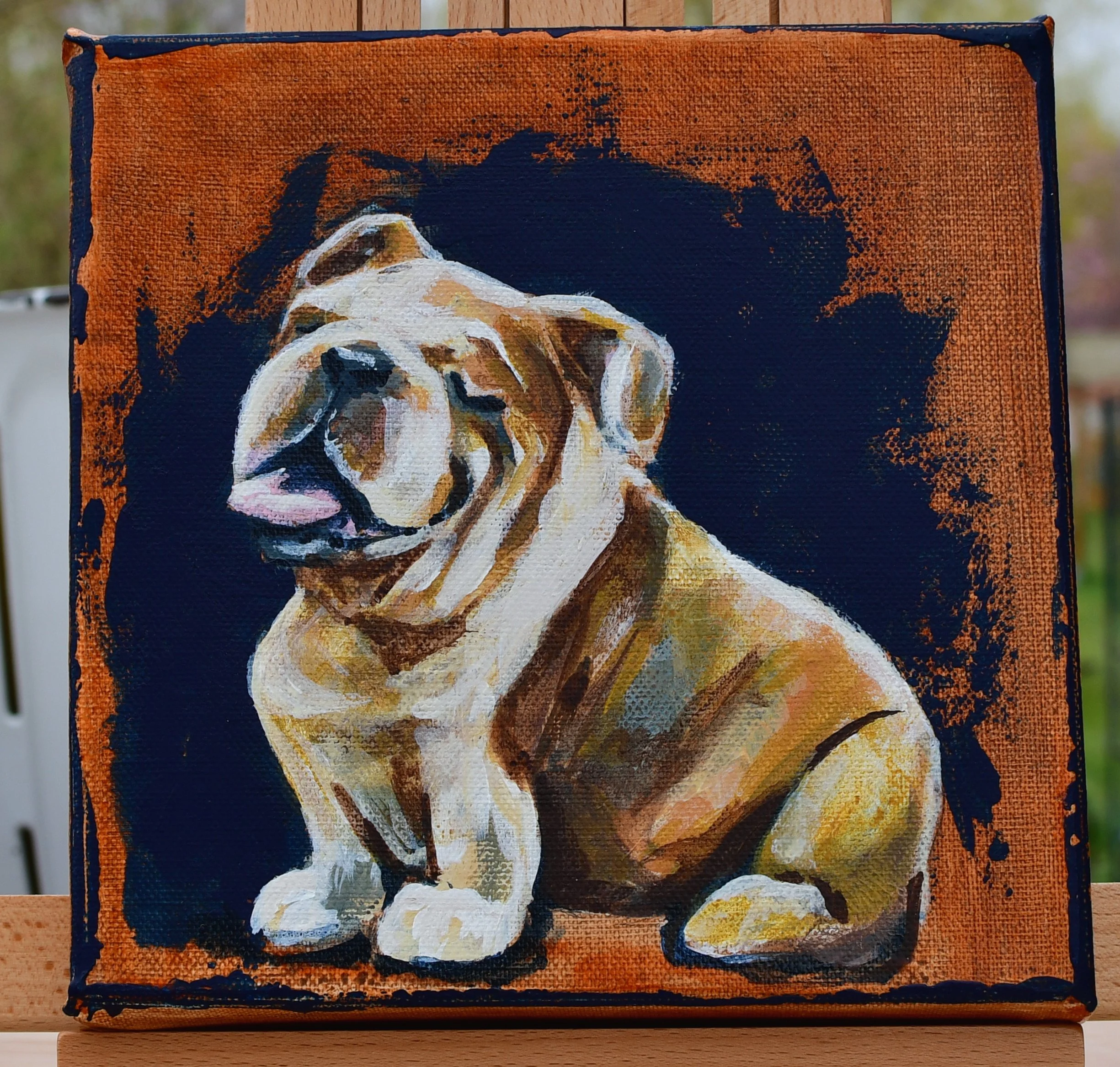 English Bulldog from the WITHIN – The Pack series by August in Éire. An acrylic portrait celebrating character, strength, and companionship.