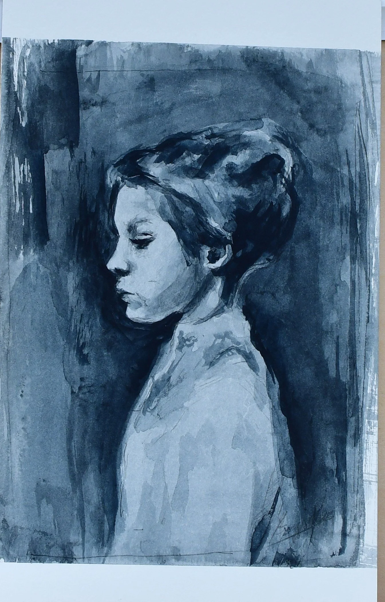 Acrylic portrait study of a young woman, painted with soft, watercolour-like washes against an abstract background.