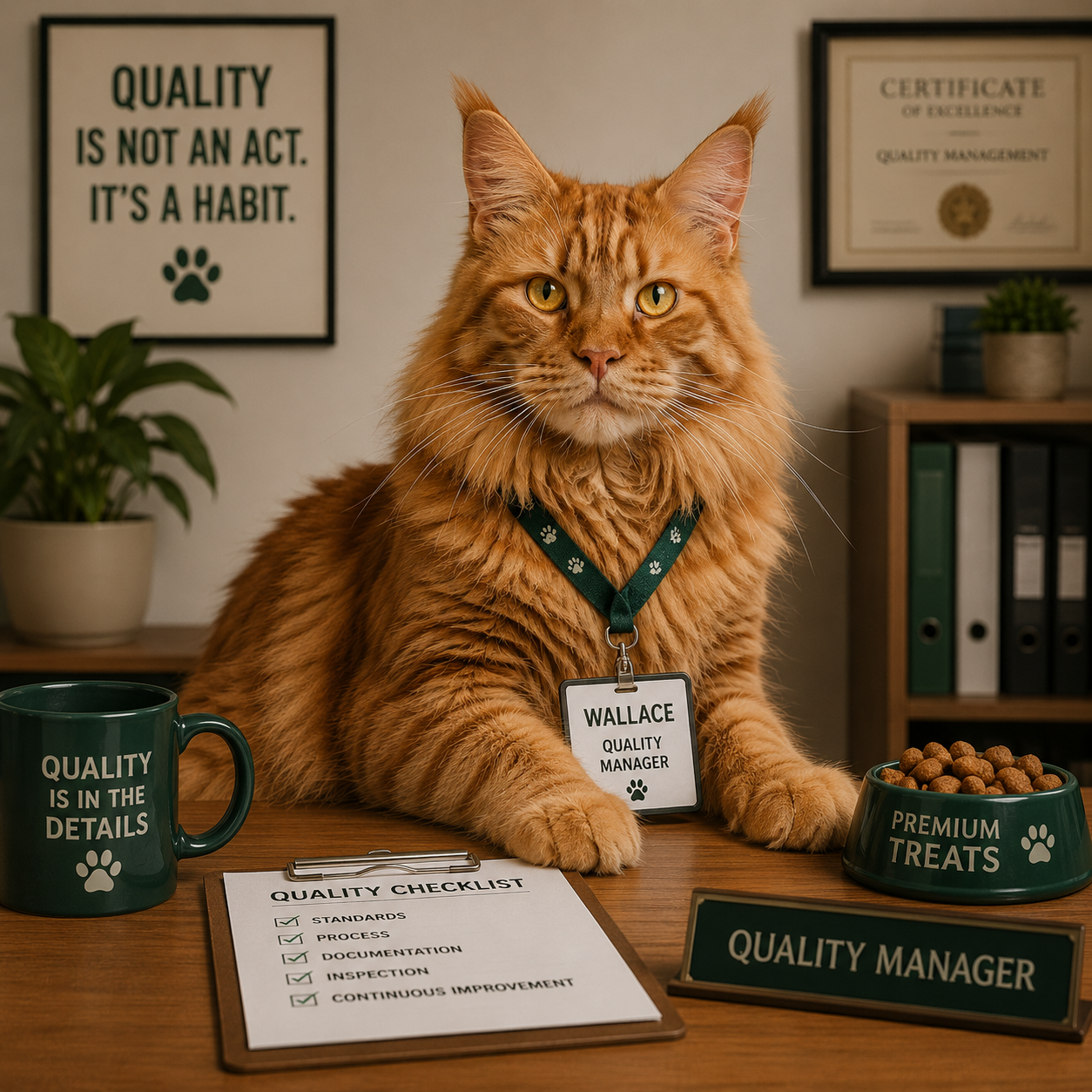 Quality Manager Wallace from the Team Behind series by August in Éire. A playful cat portrait embodying curiosity, quality control, and the spirit behind the creative process.