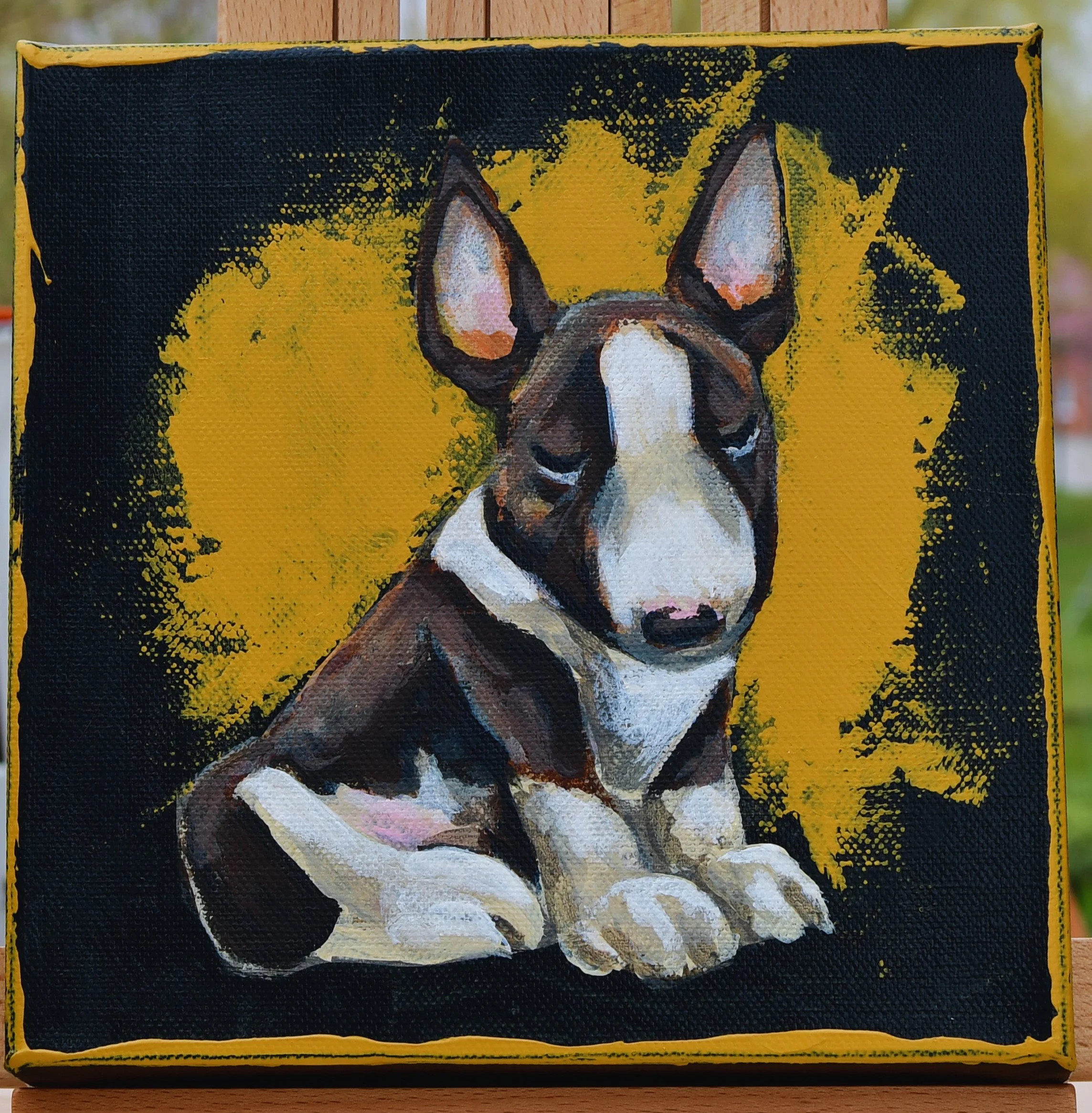 Bull Terrier from the WITHIN – The Pack series by August in Éire. An acrylic portrait exploring personality, loyalty, and quiet presence.
