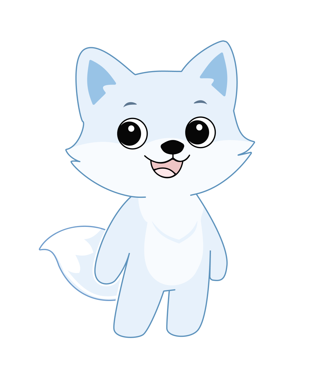 Cartoon illustration of an adorable, smiling white fox with big black eyes and a bushy tail, standing upright.