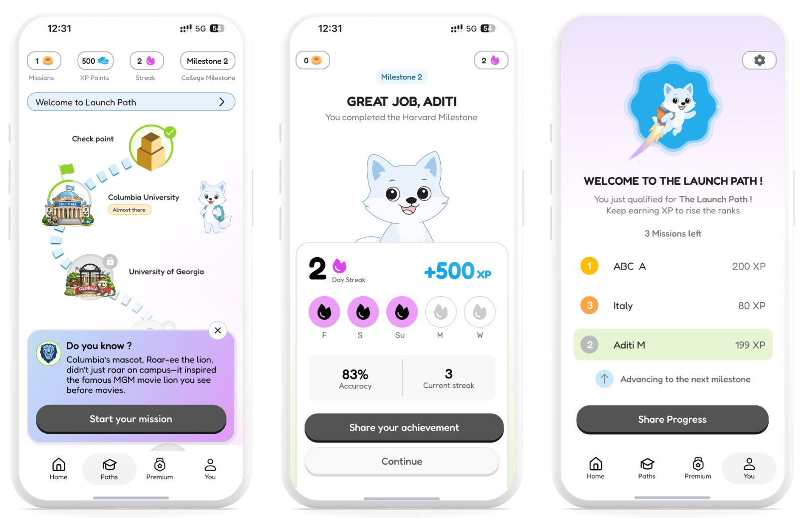 Three mobile screens showing an educational app interface related to a launch path game. The first screen displays progress with milestones at Columbia University and University of Georgia, featuring a lion mascot and a start mission prompt. The second screen congratulates the user for completing the Harvard milestone, showing a cute animated dog with XP points and streaks. The third screen shows a rocket cartoon and progress details, including XP for completing missions and ranking among other users.