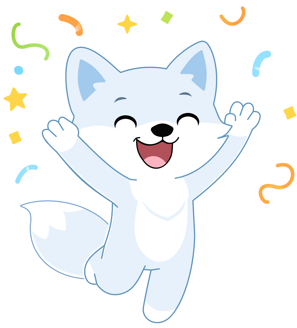 A cartoon happy white and gray fox with its arms raised celebrating, surrounded by colorful confetti, stars, and streamers.