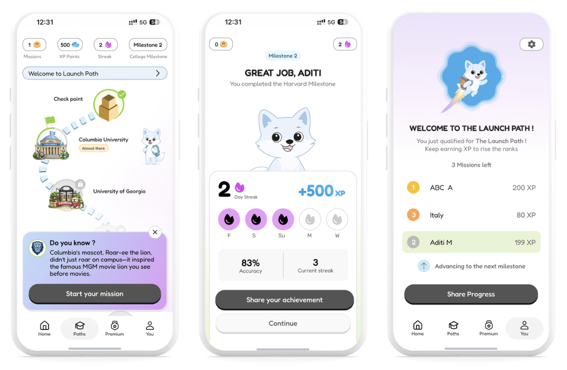 Screenshots of a cat-themed educational app showing a launch path with missions, milestones, and XP points earned, celebrating a milestone achievement and displaying current progress in the game.
