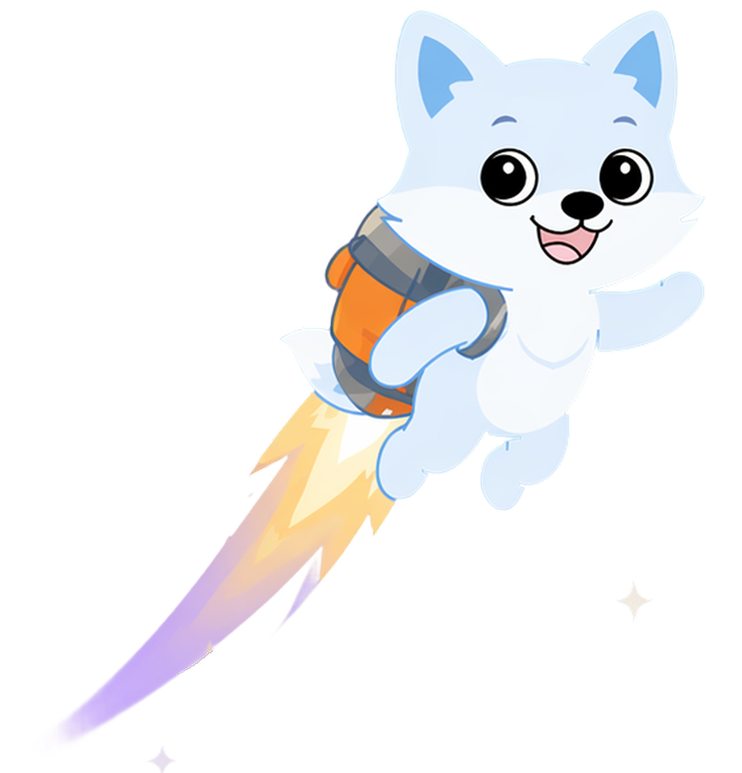 Cartoon of a white husky puppy with big black eyes, wearing an orange backpack, flying through space with a trail of light behind it, and a small sparkle near the tail.