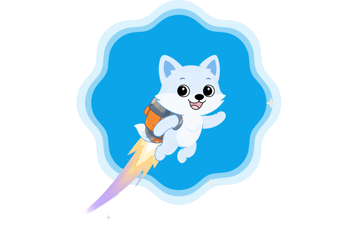 Cartoon illustration of a cheerful puppy with a backpack flying through space with a rainbow-colored rocket trail, surrounded by stars and a blue background.