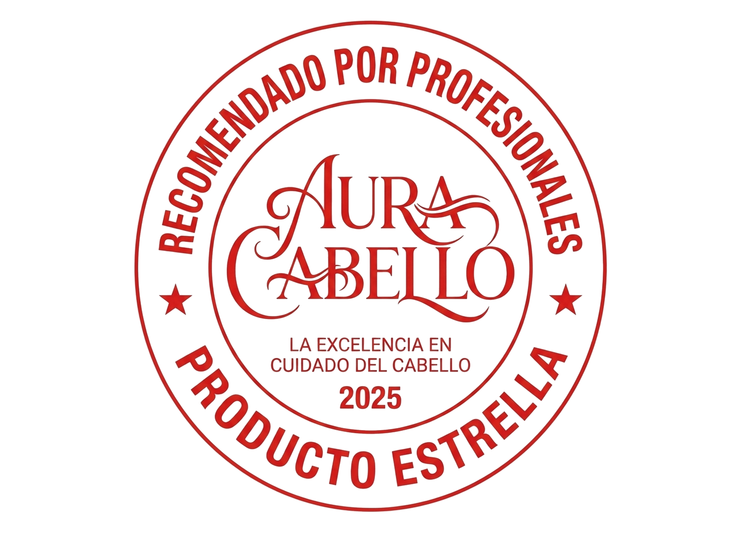 Logotipo de producto para cuidado del cabello con sello de calidad, año 2025, en color rojo y blanco.