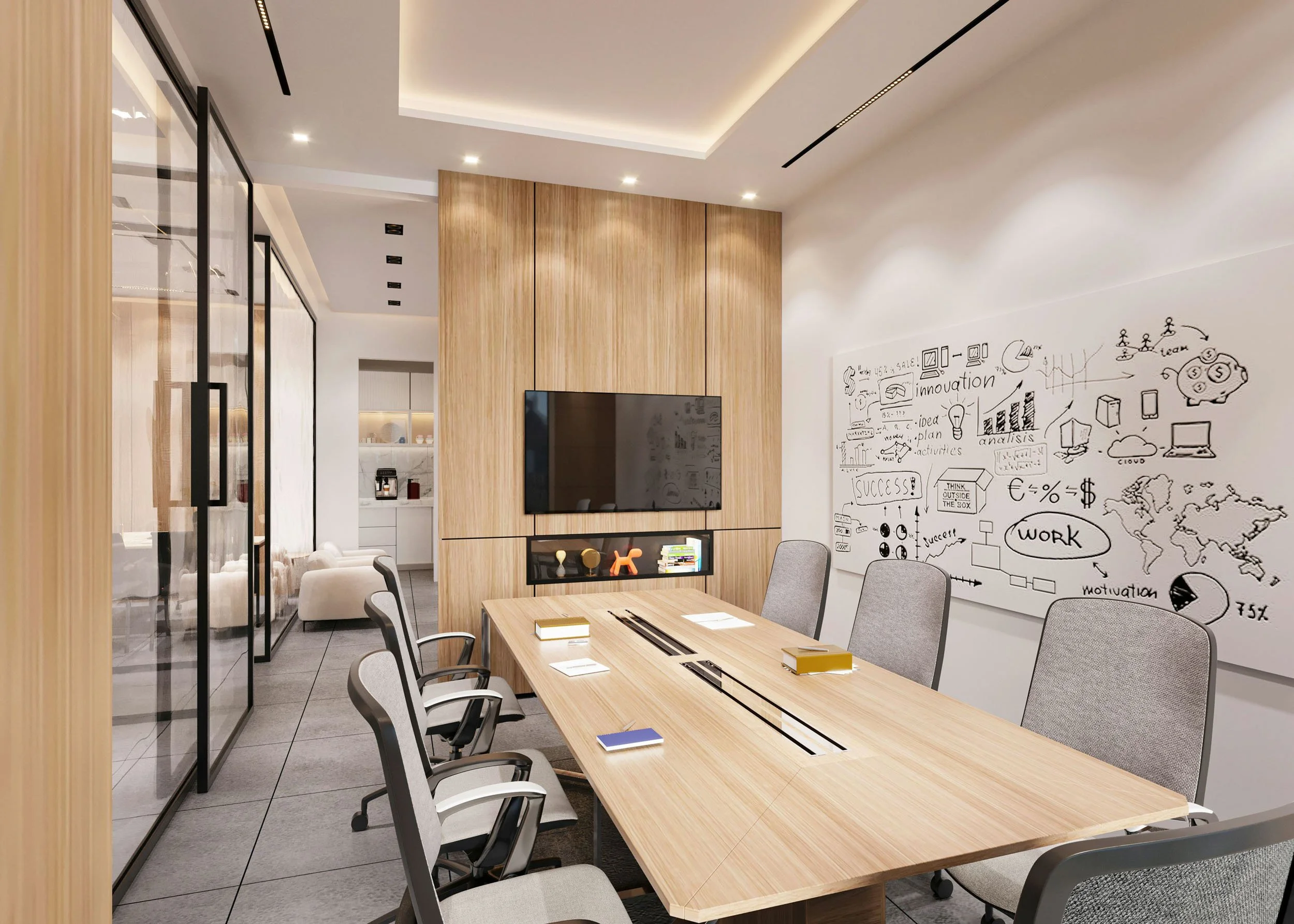 Modern conference room with a wooden table surrounded by grey chairs, a large wall with whiteboard sketches, a mounted TV, and a partial view of a kitchen area with white shelves.