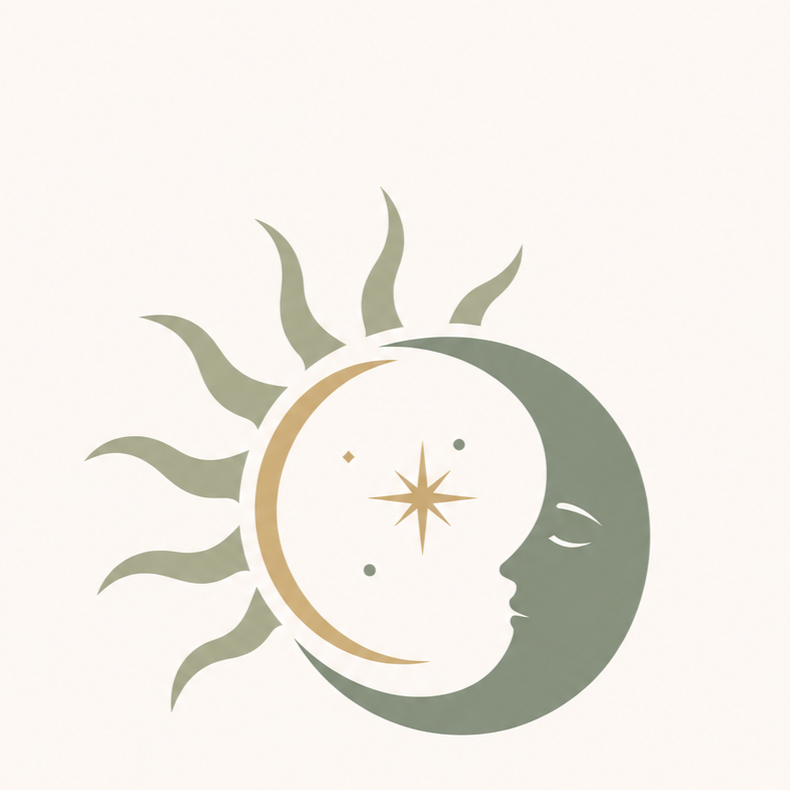 Stylized illustration of a sun and moon combining, with a face on the moon and sun rays around the sun.