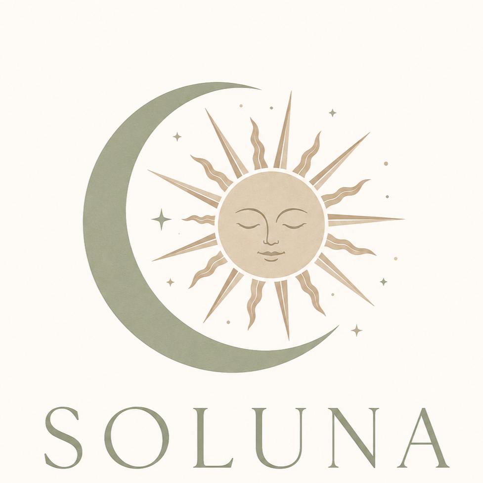 A logo featuring a crescent moon, a sun with a smiling face, and stars, with the word 'SOLUNA' below.