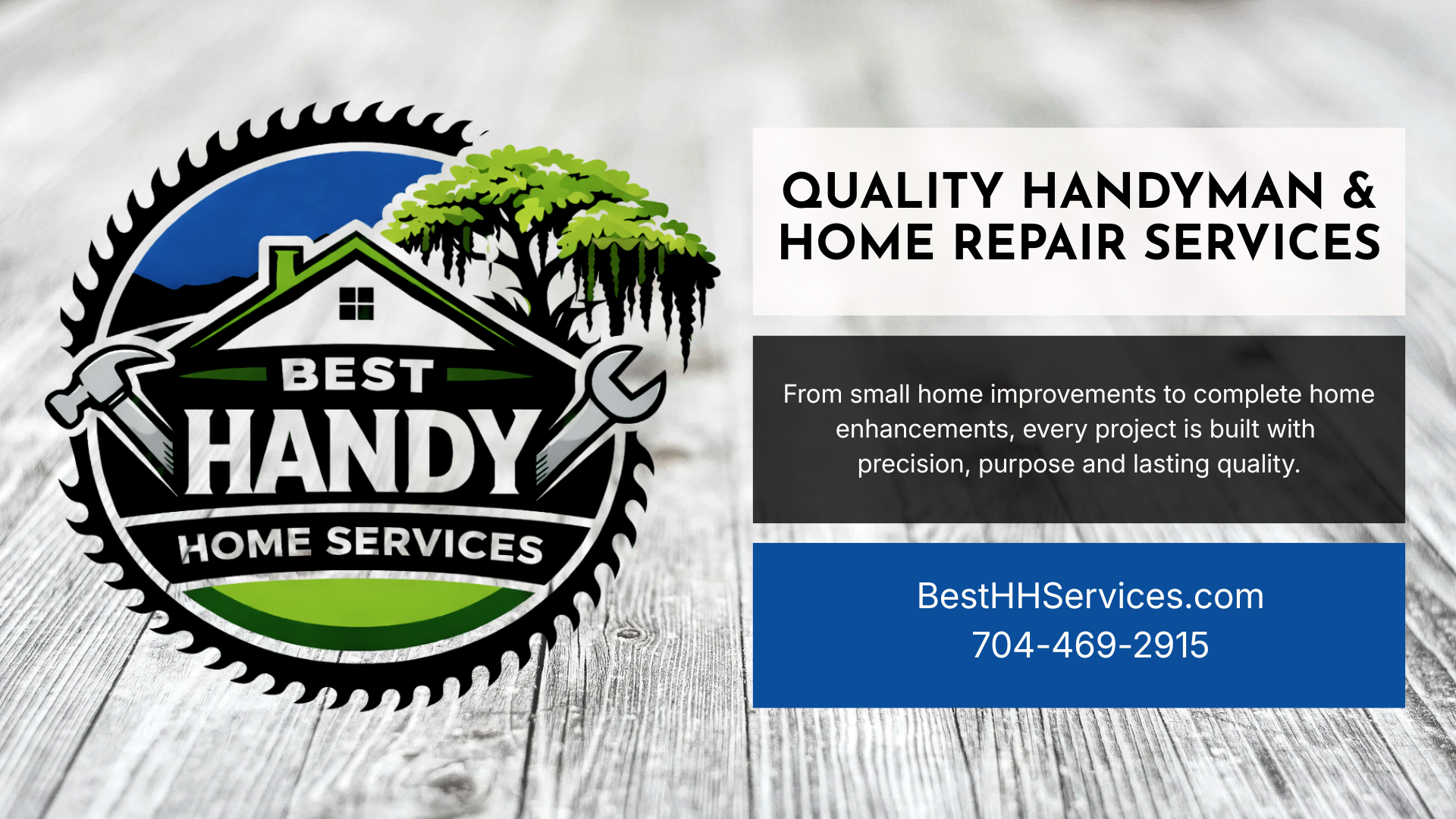 Business card for Best Handy Home Services featuring a logo with a saw blade, a house, a tree, and tools with text about home repair services and contact information.