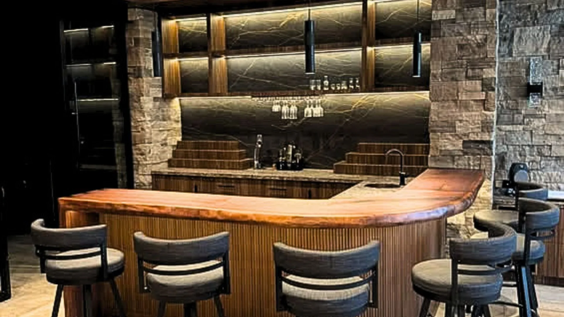 Gorgeous wine bar installation in a residential home by Omel Lashkiv of Best Hand Home services in Indian Land SC.