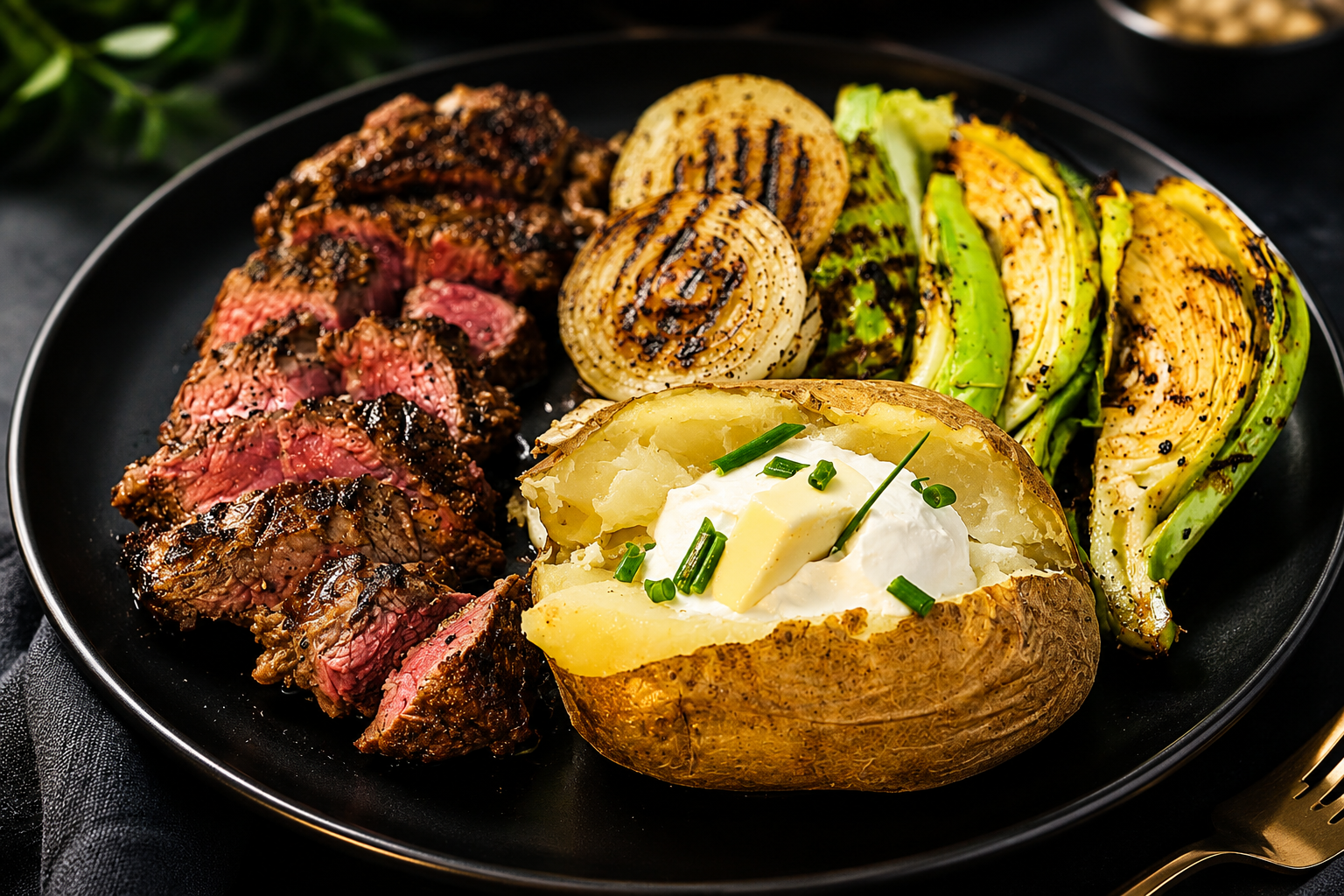 Steak, grilled onions, grilled zucchini, and a baked potato with sour cream and chives on a black plate.